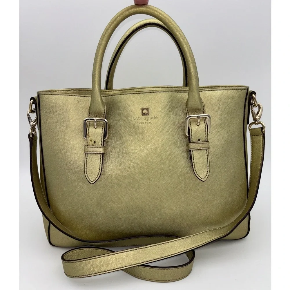 KATE SPADE NEW YORK Gold Satchel Crossbody Handbag Bag Saffiano Leather Metallic
